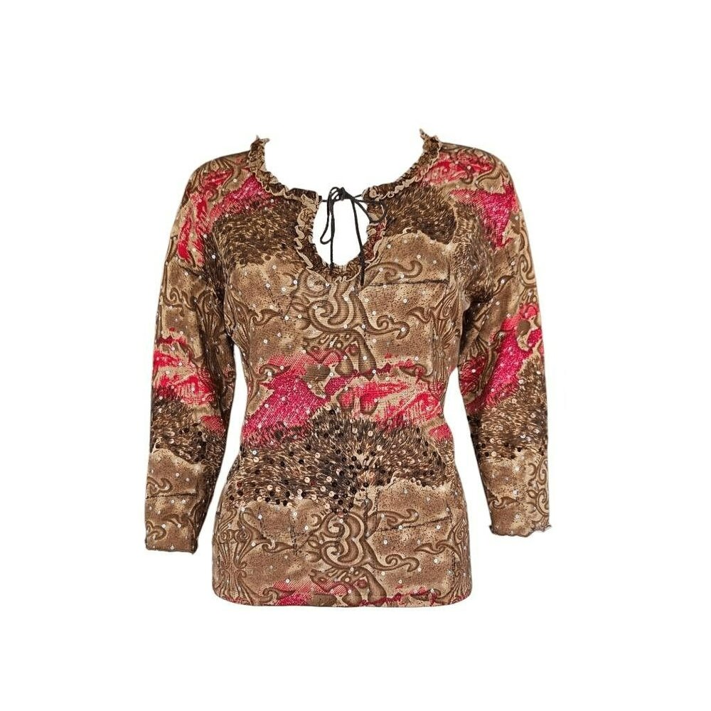 VTG Y2K Joseph A. Silk Sequin Pullover Sweater Ruffle Tie Neckline